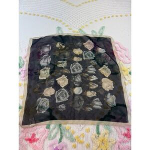 Made in Italy Sheer Rose Floral Square Scarf Dark Grey Pink 20x20 RN 35289